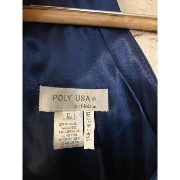 Neblon Poly USA Dress Womens XL Evening Navy Blue Satin Beaded Halter Party Zip - Picture 15 of 15